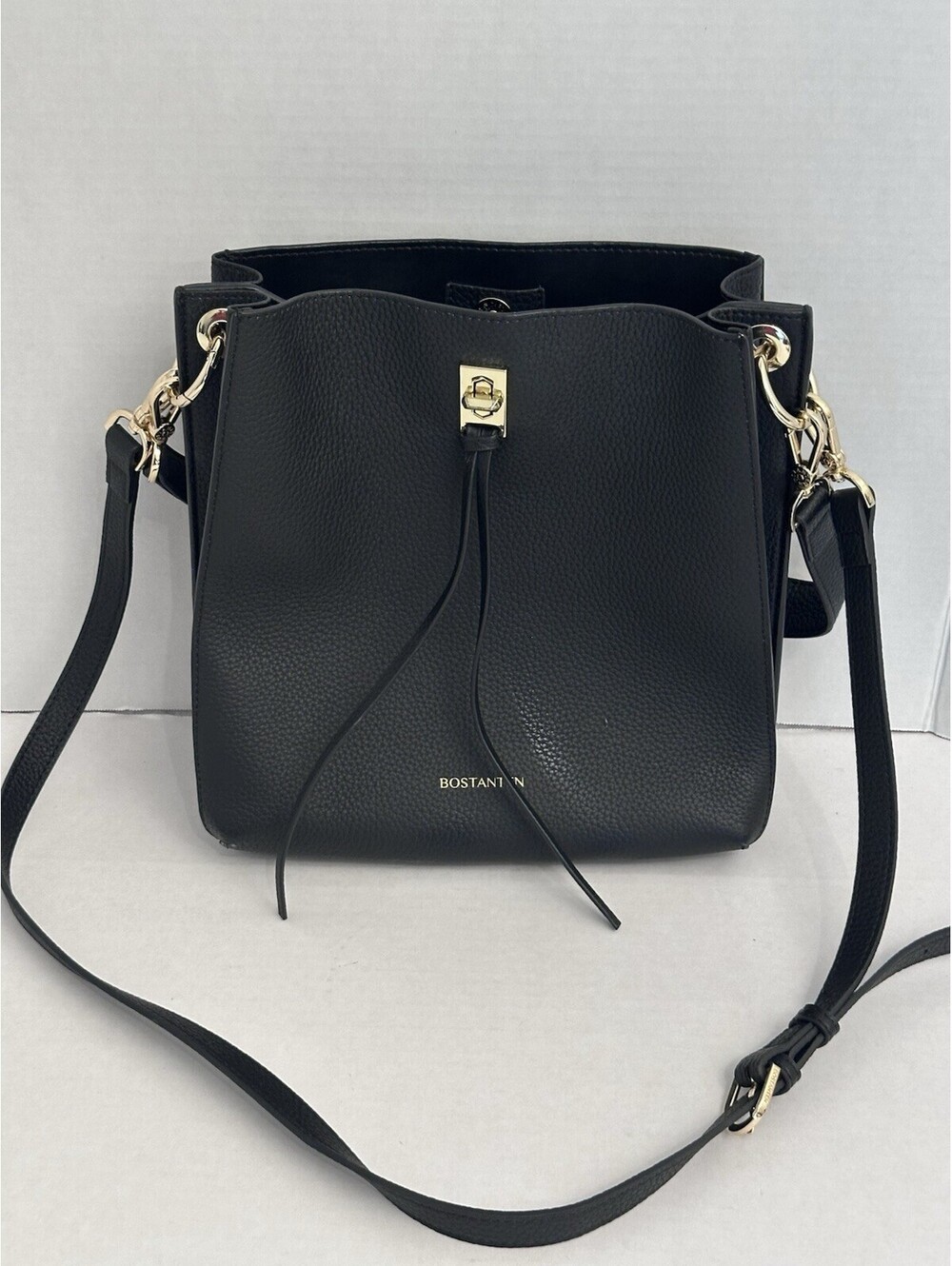 Bostanten Lotty Tasseled Grained Leather Medium Black Bucket Bag